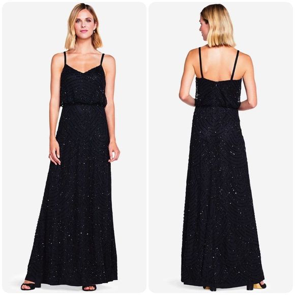 ADRIANNA PAPELL ART DECO BEADED BLOUSON GOWN IN BLACK